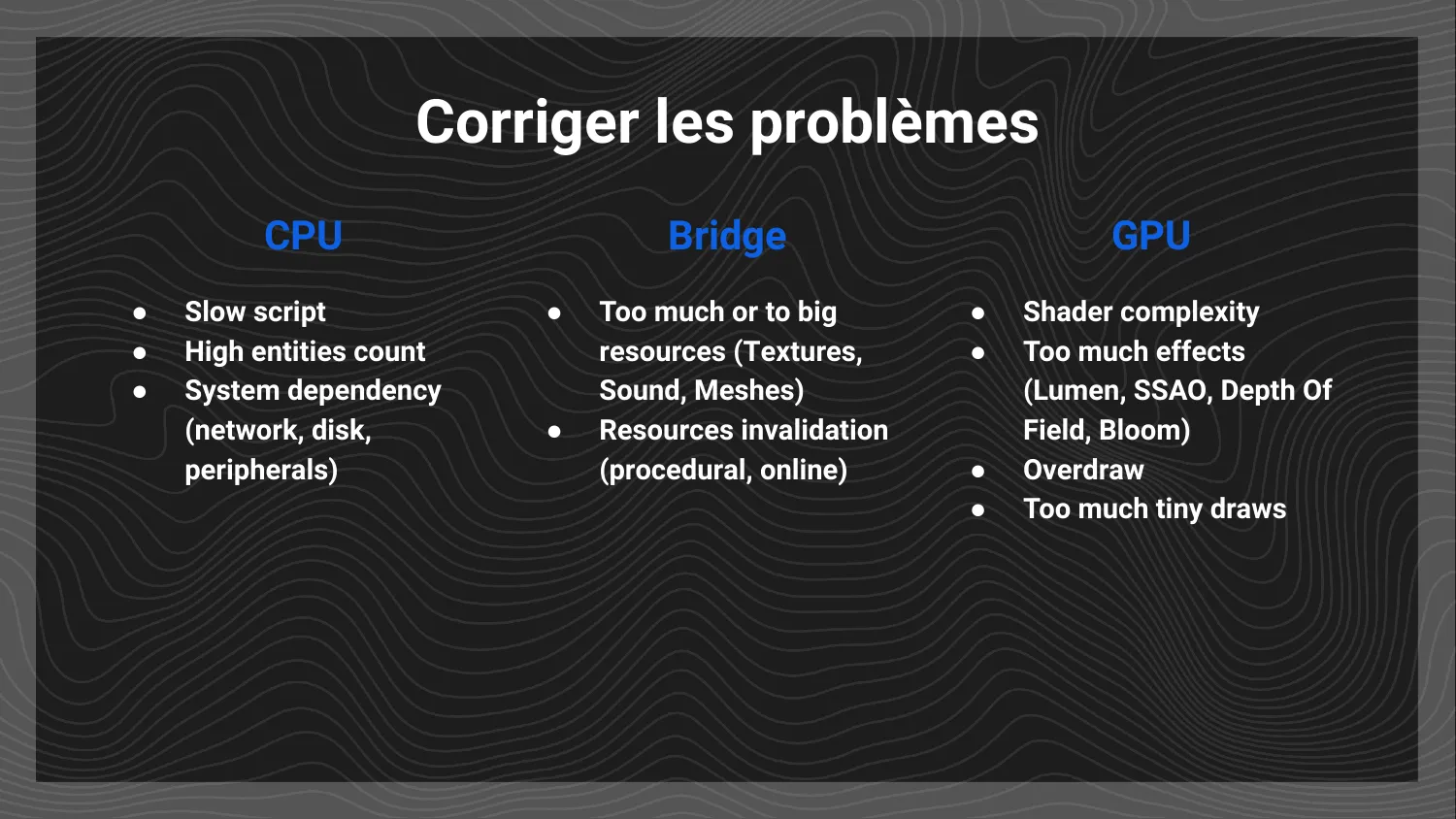 Fixing problems slide: CPU, Bridge, GPU causes